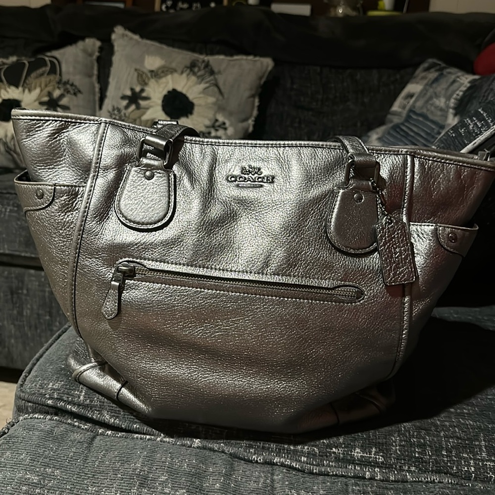 Metallic Silver Coach Bag Purse Large